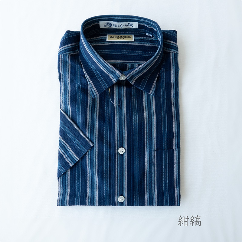 阿波しじら織　メンズ半袖シャツ　M/L