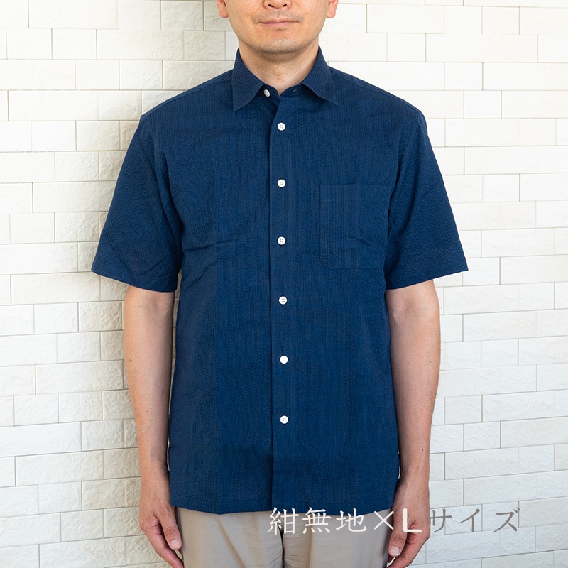 阿波しじら織　メンズ半袖シャツ　M/L